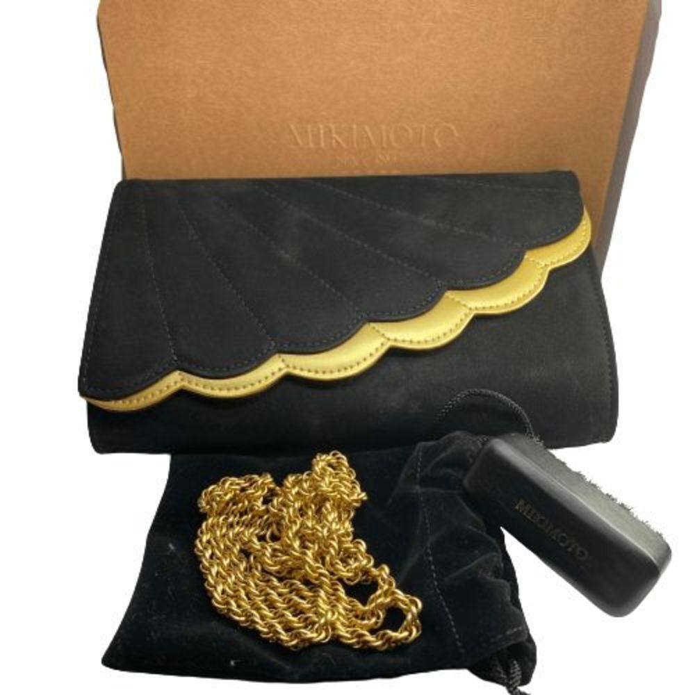 Authentic Mikimoto Black & Gold Suede Leather Clutch / Evening Bag